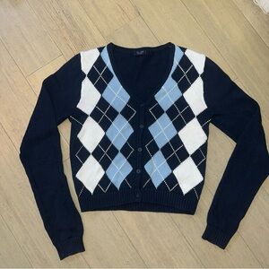 Brandy Melville Navy and White Preppy Argyle Cardigan Sweater